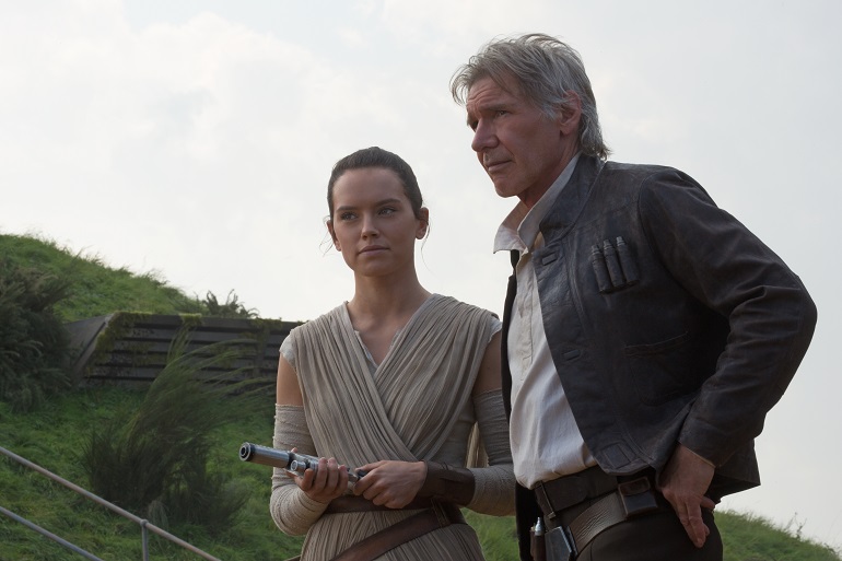 Star Wars: The Force Awakens L to R: Rey (Daisy Ridley) and Han Solo (Harrison Ford) Photo Credit: David James ©Lucasfilm 2015
